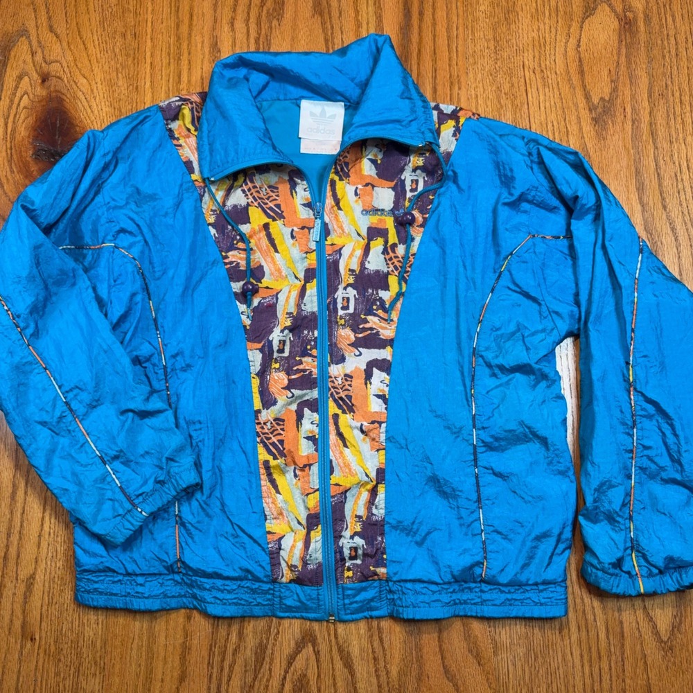 Adidas Windbreaker Jacket Women M Blue Vintage 90s Abstract Print Full Zip FLAW